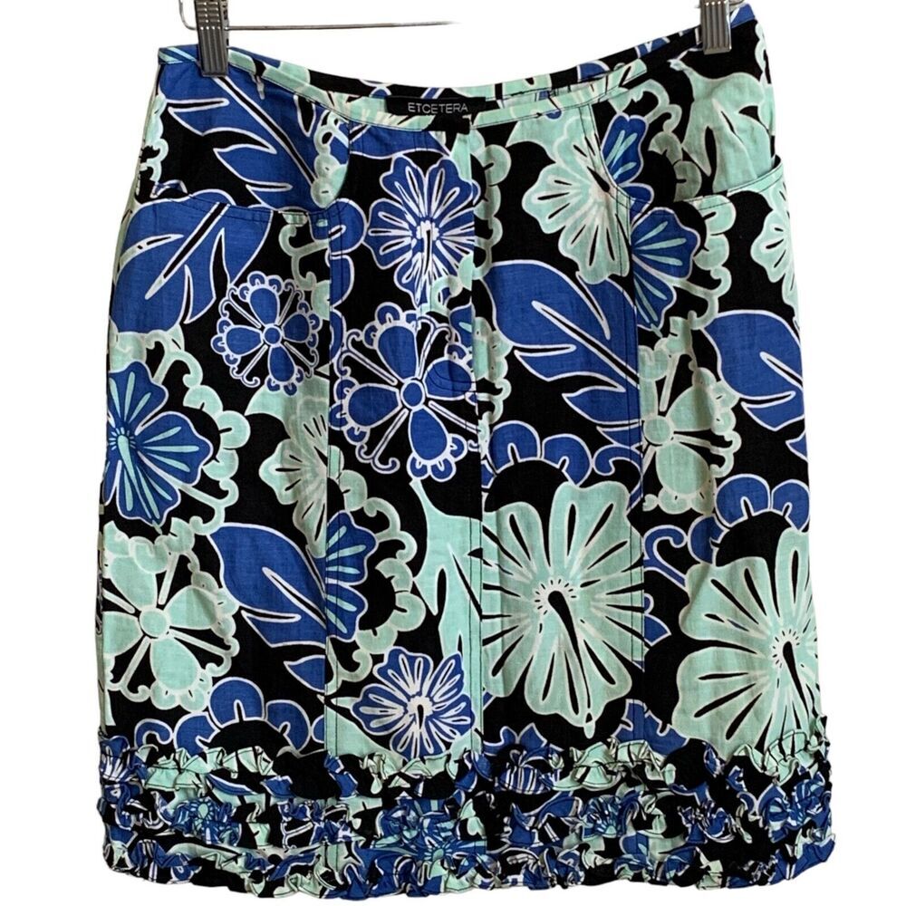 VTG ETCETERA Linen Skirt SIZE 6 Blue and White Ruffled Floral Pockets Front Zip